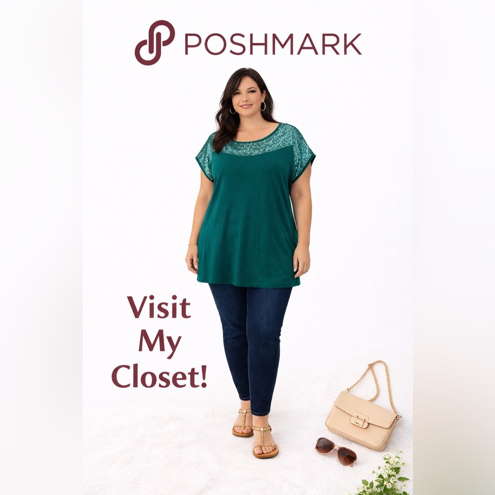Teal Sequin Tunic Top Plus Size Sparkly Blouse Dressy Casual Holiday Party 2X - Picture 2 of 7